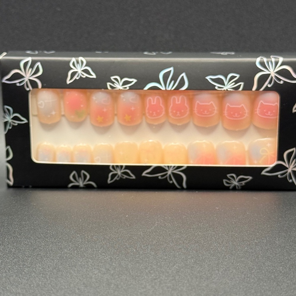 Cute Press On Nails 24 pcs Cat Bunny Star Design Orange Pink Ombre Medium Length